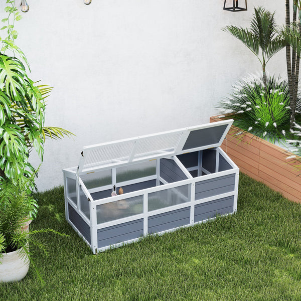 HKM-3374013 Outdoor Wooden Tortoise Habitat with Bottomless Design and PC Sun Panel Windows for Small Animals, Light Gray