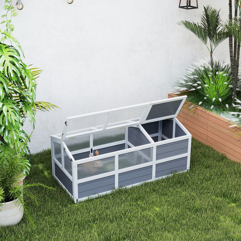 HKM-3374013 Outdoor Wooden Tortoise Habitat with Bottomless Design and PC Sun Panel Windows for Small Animals, Light Gray