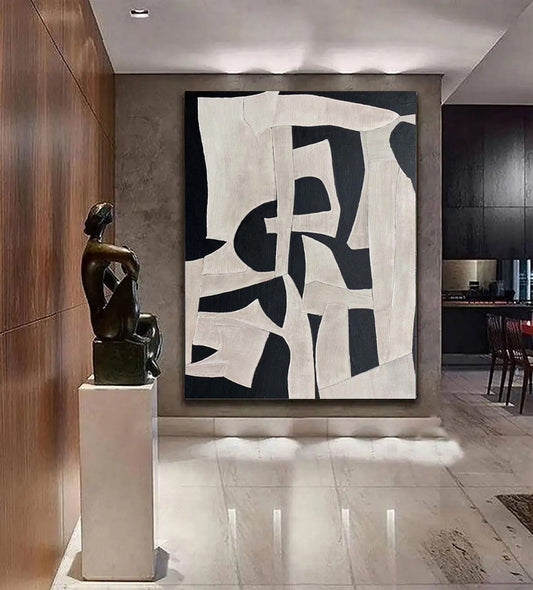 HKM-337619 Handmade Oil Painting on Canvas - Modern Abstract Black and White Texture Art for Home Decor, Unstretched & Frameless