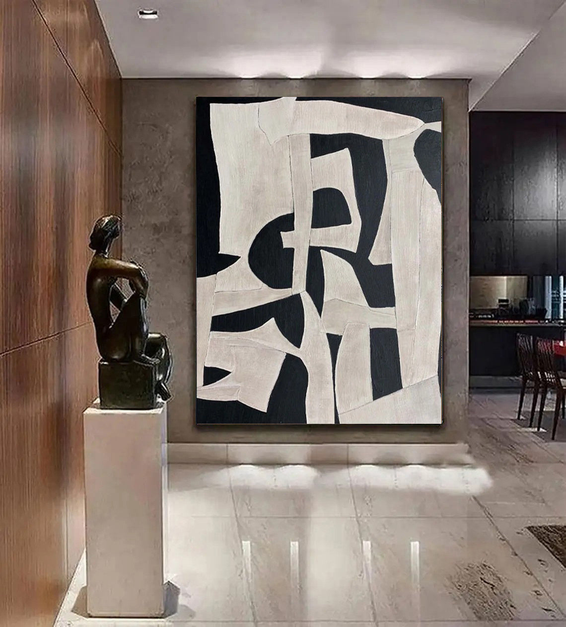 HKM-337619 Handmade Oil Painting on Canvas - Modern Abstract Black and White Texture Art for Home Decor, Unstretched & Frameless