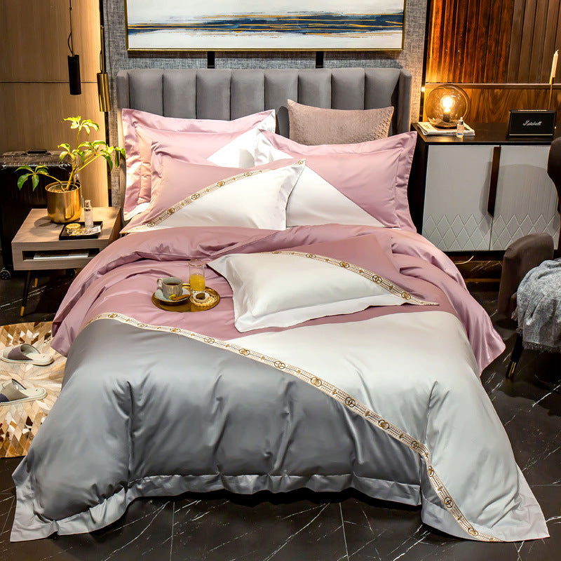 HKM-337683 Cotton Duvet Cover Set with Contrasting Color Stitching for Double Bed - 4 Pieces