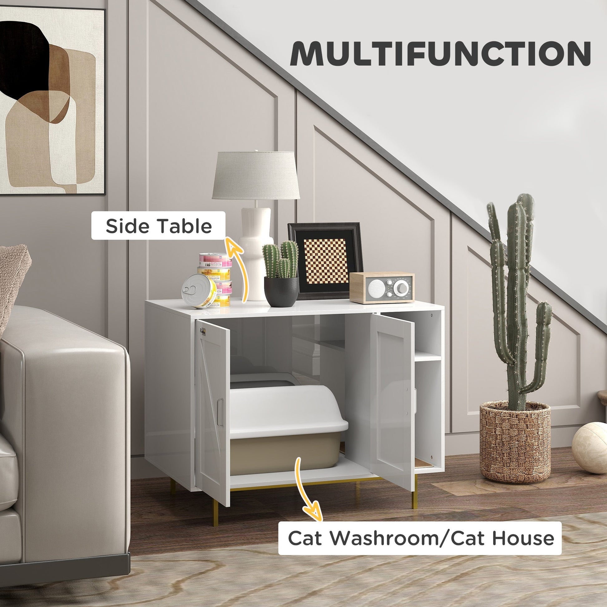 HKM-3381565 Stylish Cat Litter Box Enclosure with Storage Compartment and Scratching Mat