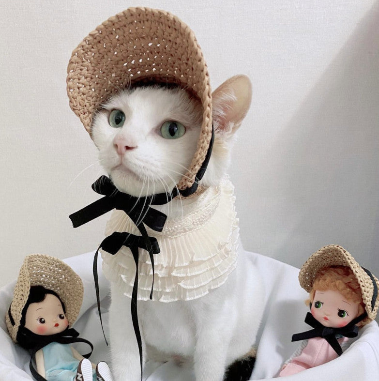 HKM-3383485 Lace-Up Sun Protection Hat for Cats in Black or Coffee with Checker Pattern