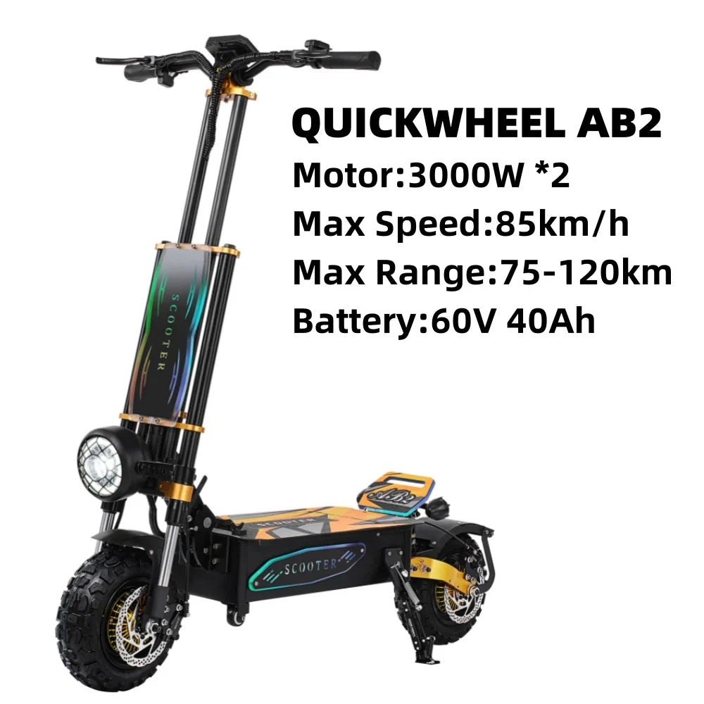 HKM-338707 Dual Motor Electric Scooter 60V 40Ah, 120Km Range, 6000W, 11 Inch Fat Tires, Folding Design