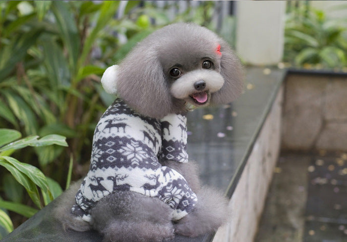 HKM-3390013 Fawn Snowflake Print Dog Outfit with Soft Fabric and Fur Ball Accents