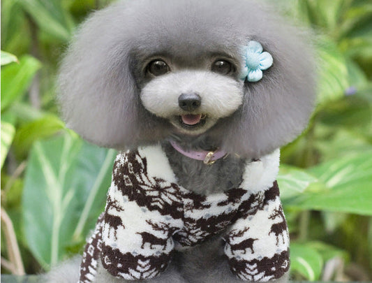 HKM-3390013 Fawn Snowflake Print Dog Outfit with Soft Fabric and Fur Ball Accents