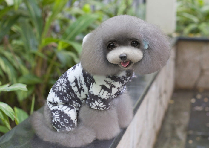 HKM-3390013 Fawn Snowflake Print Dog Outfit with Soft Fabric and Fur Ball Accents