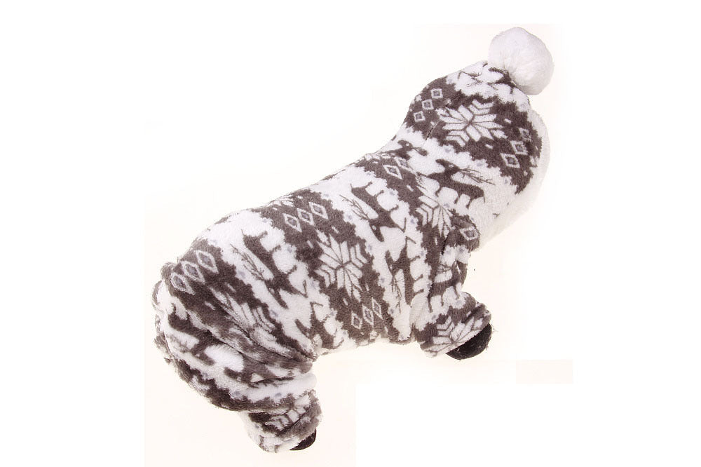 HKM-3390013 Fawn Snowflake Print Dog Outfit with Soft Fabric and Fur Ball Accents
