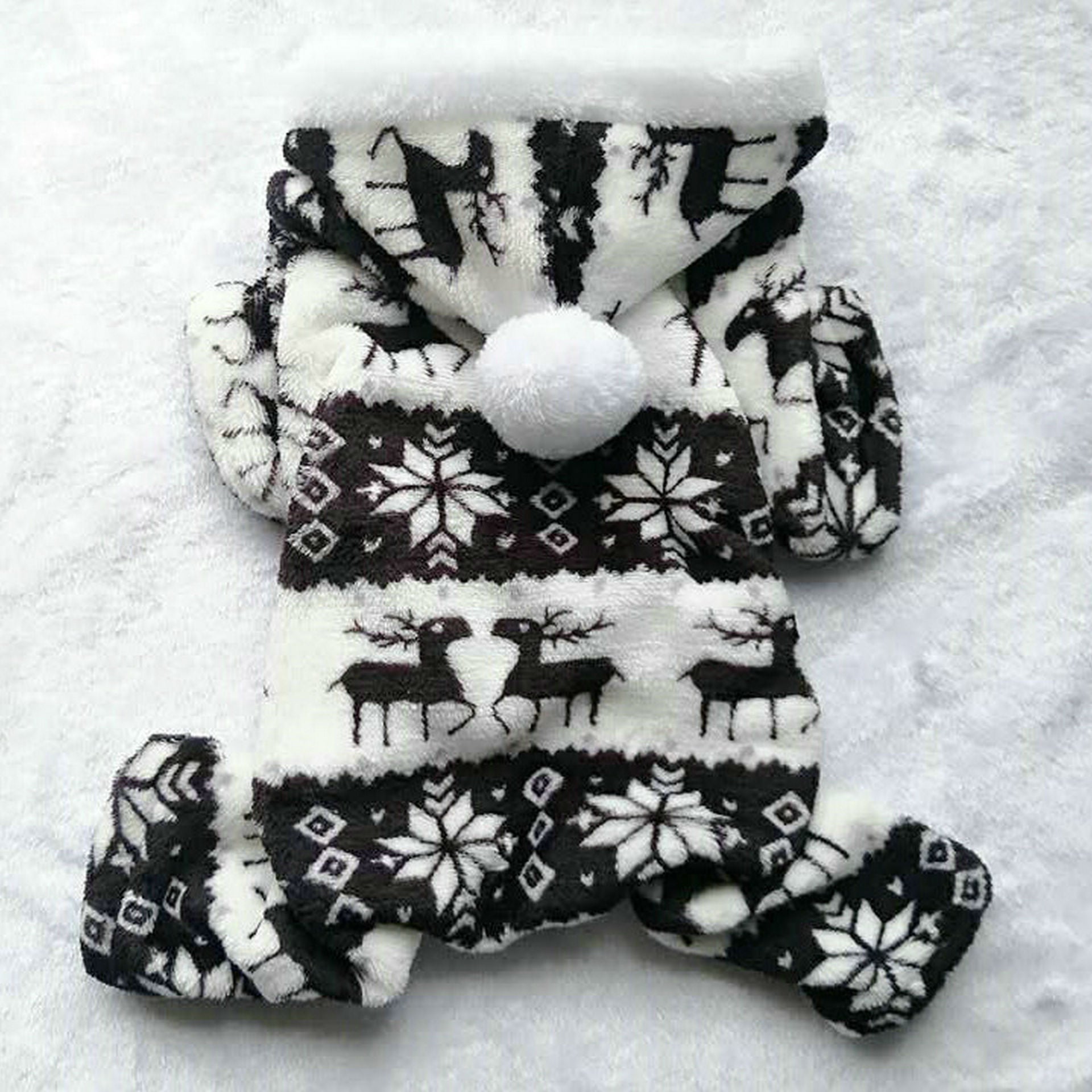 HKM-3390013 Fawn Snowflake Print Dog Outfit with Soft Fabric and Fur Ball Accents