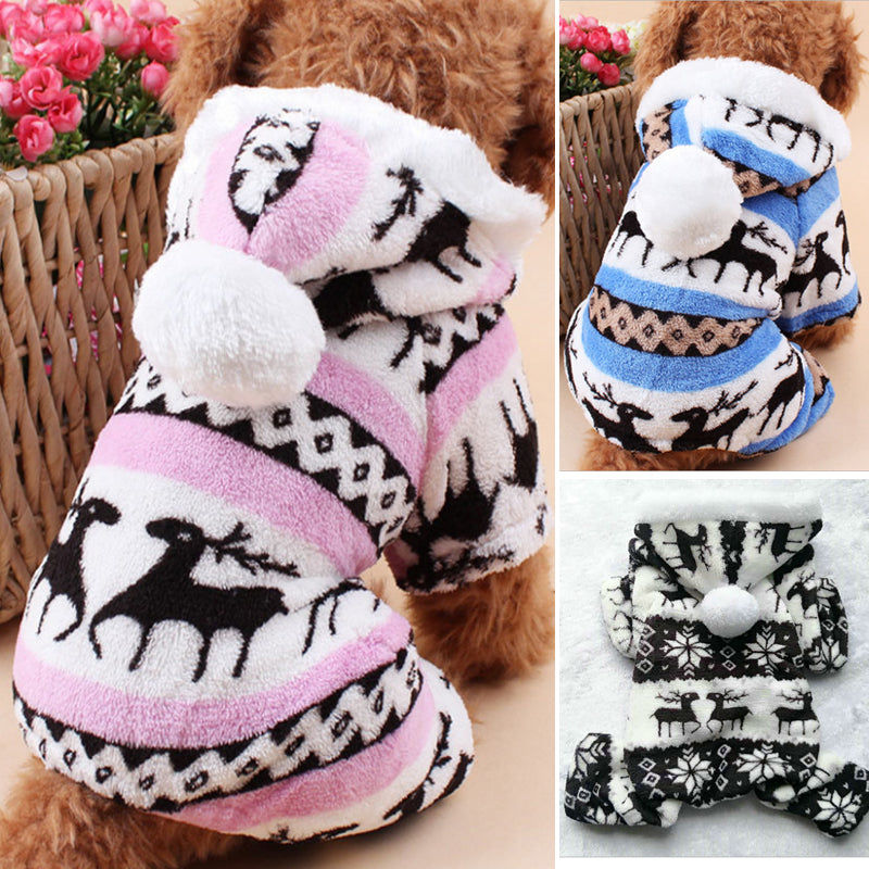 HKM-3390013 Fawn Snowflake Print Dog Outfit with Soft Fabric and Fur Ball Accents
