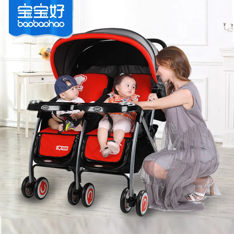 HKM-339027 Double Seat Twins Stroller - Side by Side Baby Pram with Adjustable Canopy and Safety Features