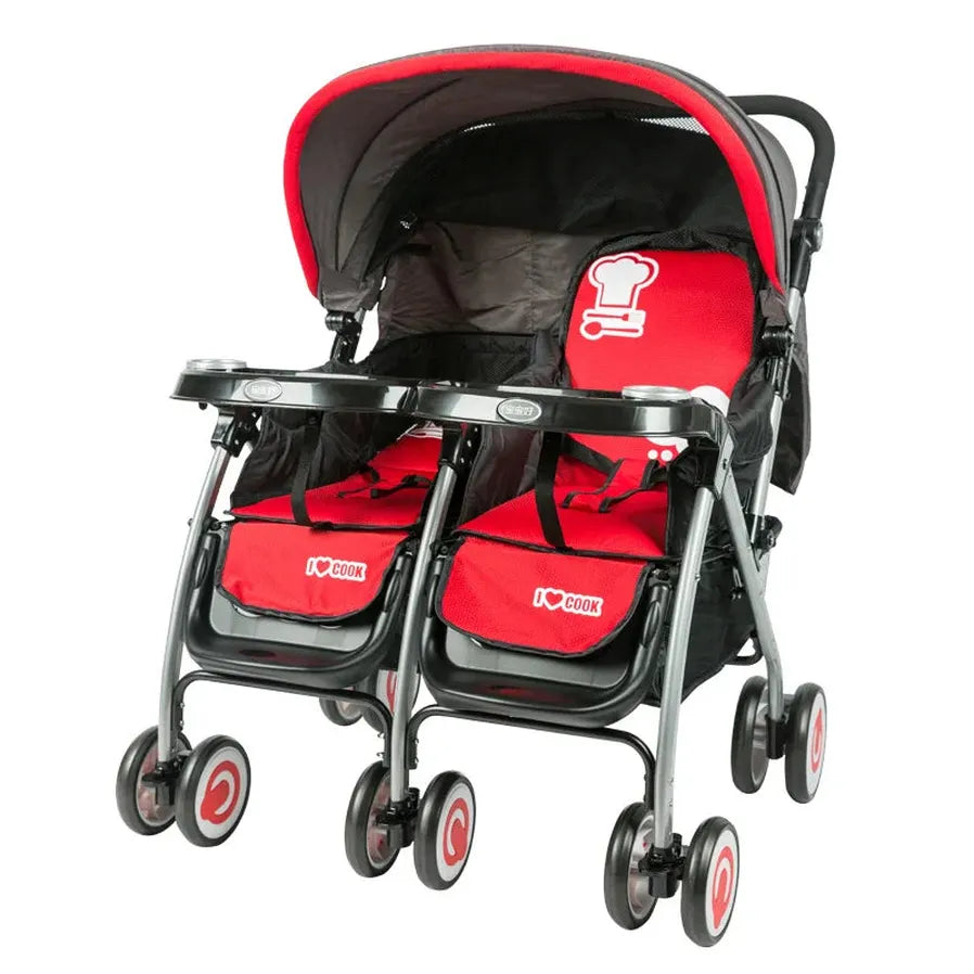 HKM-339027 Double Seat Twins Stroller - Side by Side Baby Pram with Adjustable Canopy and Safety Features