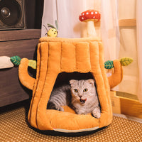 HKM-3391677 Cozy Semi-enclosed Cat House with Warm Sleeping Bag for Autumn and Winter - Tree Stump Design, 40CM High