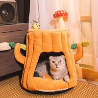 HKM-3391677 Cozy Semi-enclosed Cat House with Warm Sleeping Bag for Autumn and Winter - Tree Stump Design, 40CM High