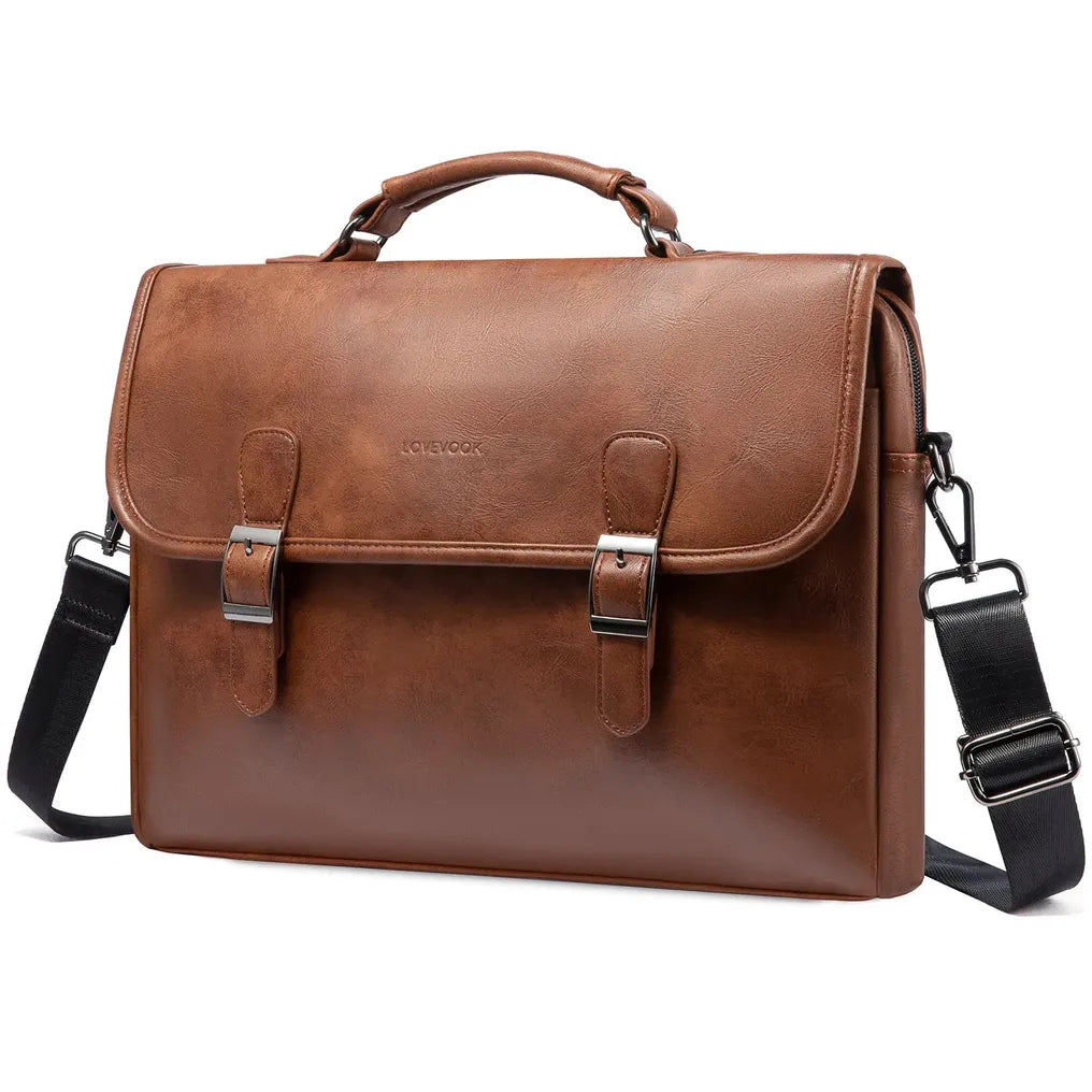 HKM-339539 Vintage Waterproof PU Leather 15.6 Inch Laptop Briefcase for Men and Women - Lightweight Office Bag