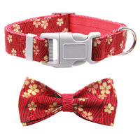 HKM-3399357 Floral Adjustable Dog Collar with Bow Tie - Double Layer Fabric for All Seasons