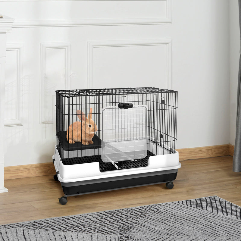 HKM-3401021 2-Level Small Animal Cage with Wheels, Removable Tray, Platform and Ramp for Bunnies, Chinchillas, and Ferrets - Black