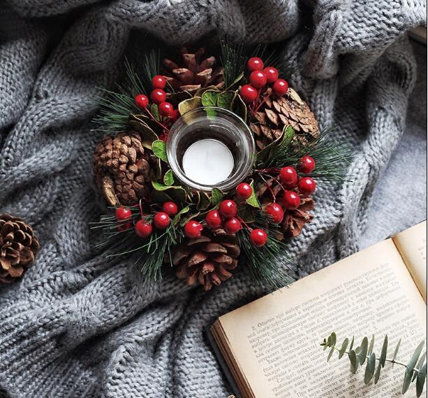 HKM-340115 Pine Needle Branch Candlestick Garland – Natural Wooden Decor for Home