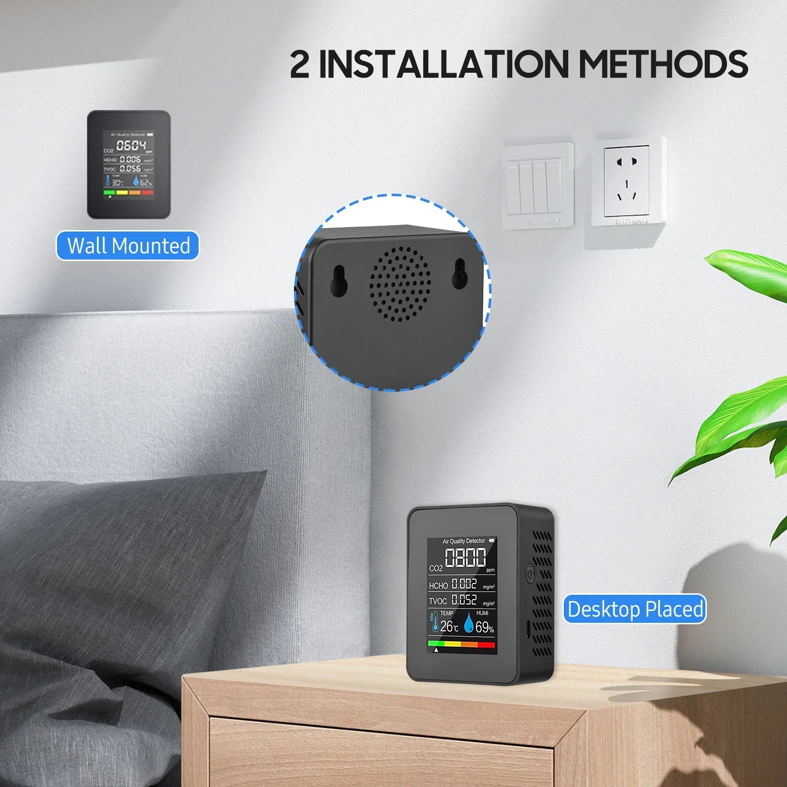 HKM-340179 Digital 5-in-1 Indoor Air Quality Meter for CO2, TVOC, HCHO, Temperature and Humidity Monitoring with LCD Display