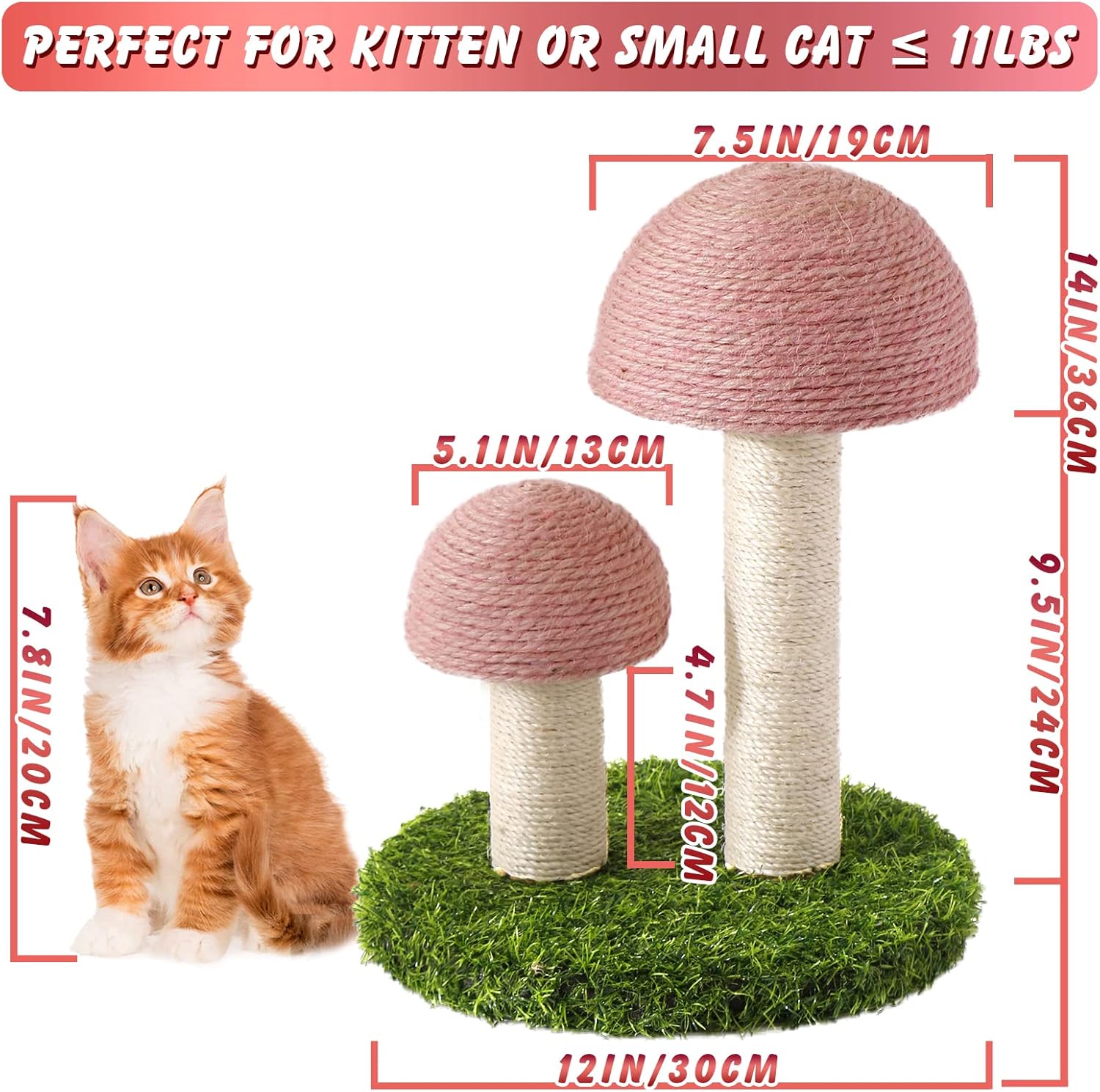 HKM-3404605 Mushroom Cat Scratching Post with Natural Sisal Caps and Sturdy Base for Small Cats
