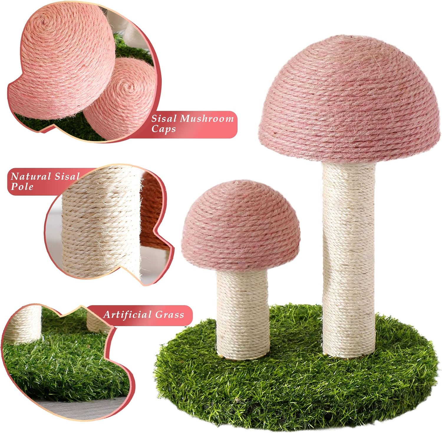 HKM-3404605 Mushroom Cat Scratching Post with Natural Sisal Caps and Sturdy Base for Small Cats