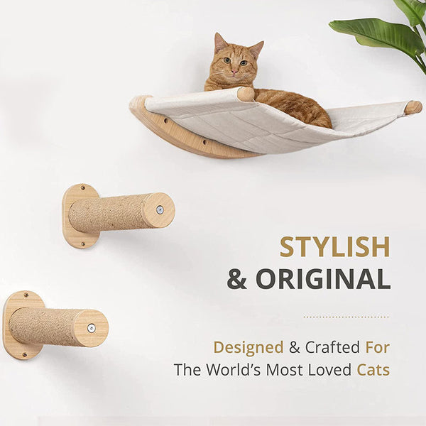 HKM-3404733 Stylish Wall-Mounted Wooden Cat Bed and Climber Set
