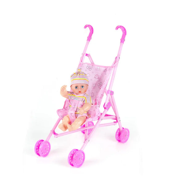 HKM-340627 12 Inch Mini Doll with Foldable Stroller for Girls, Battery Operated Musical Toy, Reborn Doll