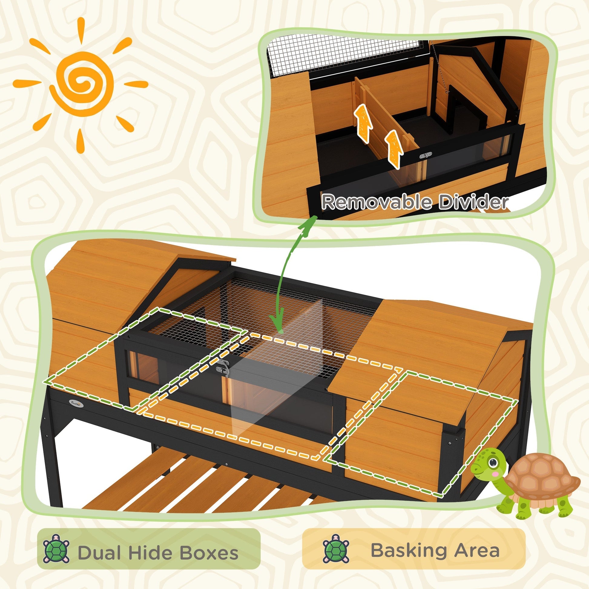 HKM-3406781 Tortoise Enclosure with Dual Hide Boxes, Adjustable Lamp Holder, and Storage Shelf - Yellow Wooden Design