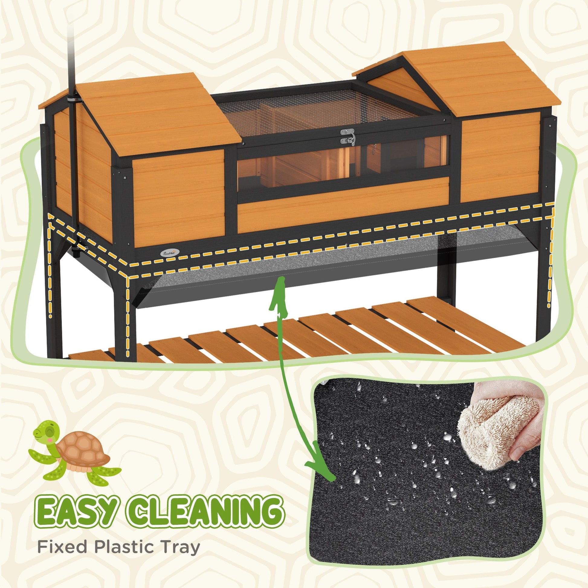 HKM-3406781 Tortoise Enclosure with Dual Hide Boxes, Adjustable Lamp Holder, and Storage Shelf - Yellow Wooden Design