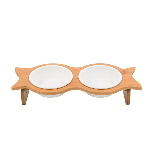 HKM-341139 Bamboo Cat Bowl with Porcelain and Stainless Steel Inserts - Eco-Friendly Design