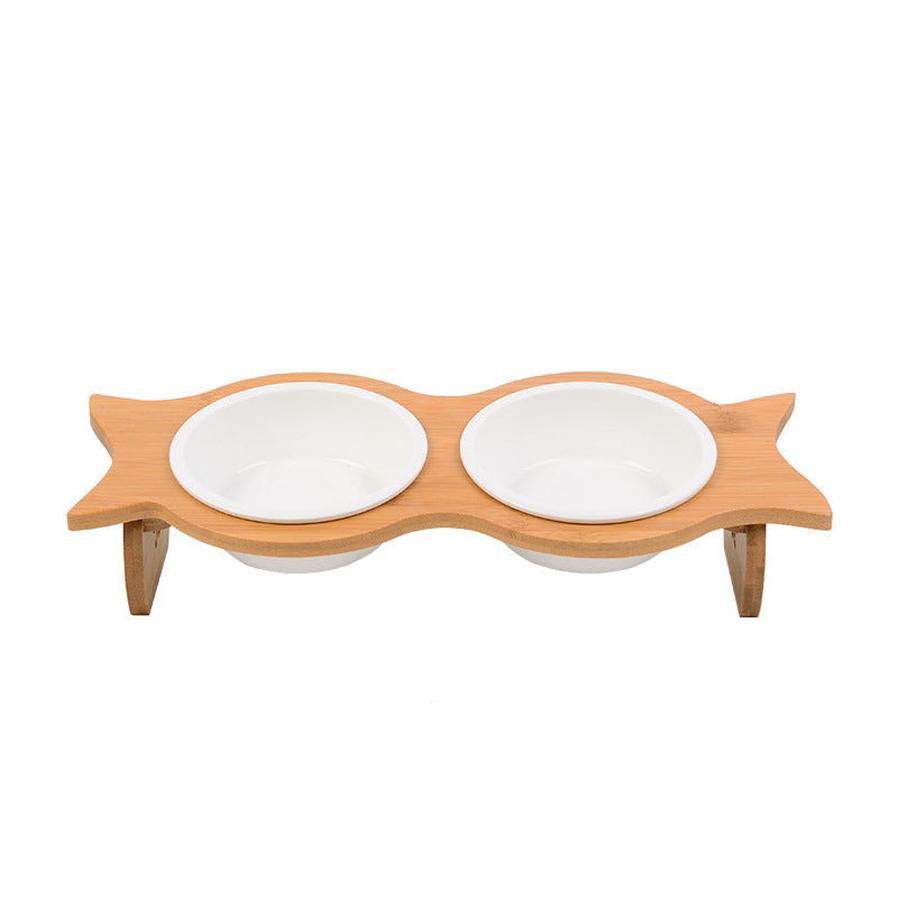 HKM-341139 Bamboo Cat Bowl with Porcelain and Stainless Steel Inserts - Eco-Friendly Design