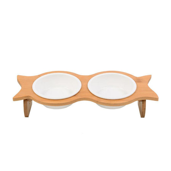 HKM-341139 Bamboo Cat Bowl with Porcelain and Stainless Steel Inserts - Eco-Friendly Design