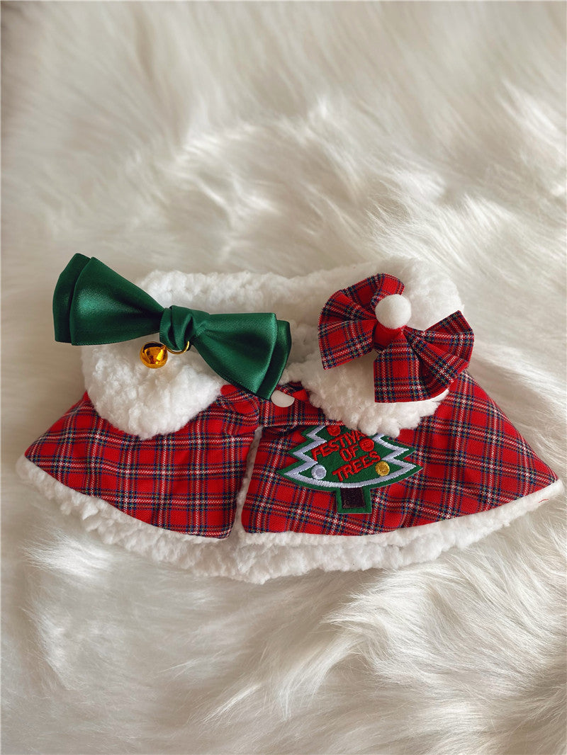 HKM-3417021 Festive Cat Shawl Cloak with Bell and Hairpin in Green and Red - Sizes XS to L