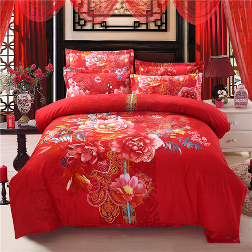 HKM-341907 Cotton Linen Quilt Cover Bedding Set in Red with Plant Floral Design for 1.8m Bed