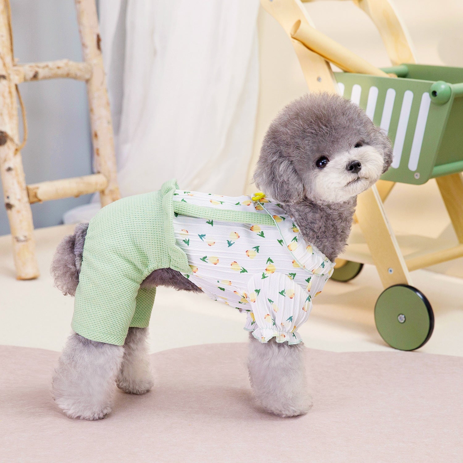 HKM-3419197 Personalized Floral Dog Clothes in Pink and Green - Casual Polyester Pet Apparel for All Sizes