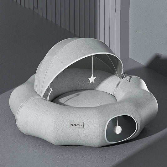 HKM-341971 Foldable Cat Tunnel with Removable Cushion and Summer Ice Nest - Breathable Suede and Shumei Silk Design