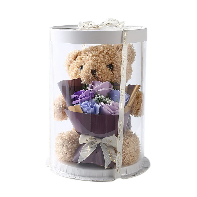 HKM-341971 Teddy Bear with Soap Flower Bouquet Gift Box - Ideal for Kids Ages 2 and Up