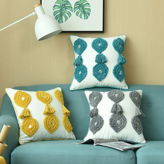 HKM-342099 Handmade Boho Style Ivory Pillowcase with Tassels, 45x45cm Linen Cushion Cover