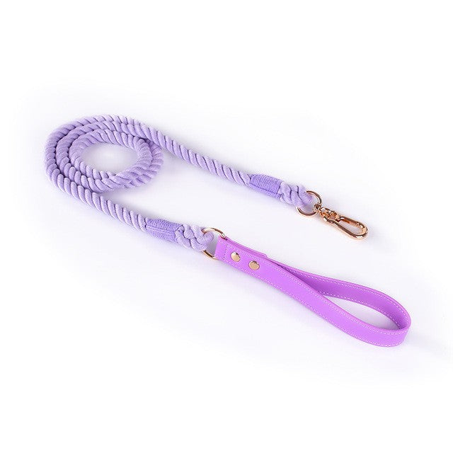 HKM-3424189 Cotton Rope and Leather Dog Leash and Collar Set for Medium to Large Dogs, Multiple Colors Available