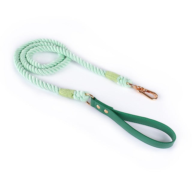 HKM-3424189 Cotton Rope and Leather Dog Leash and Collar Set for Medium to Large Dogs, Multiple Colors Available
