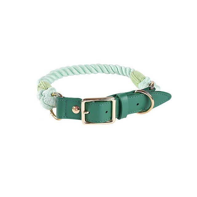 HKM-3424189 Cotton Rope and Leather Dog Leash and Collar Set for Medium to Large Dogs, Multiple Colors Available
