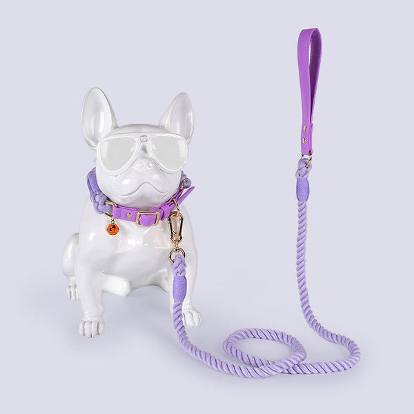 HKM-3424189 Cotton Rope and Leather Dog Leash and Collar Set for Medium to Large Dogs, Multiple Colors Available