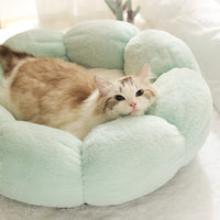 HKM-3424445 Plush Round Flower-Shaped Doghouse in Light Pink, Light Green, and Gray - Soft Cloth Pet Nest