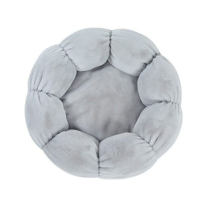 HKM-3424445 Plush Round Flower-Shaped Doghouse in Light Pink, Light Green, and Gray - Soft Cloth Pet Nest