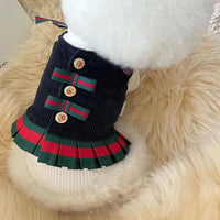 HKM-3424957 Plush Suspender Skirt for Dogs - Warm British Style in Off-White and Navy, Sizes S to XXXL