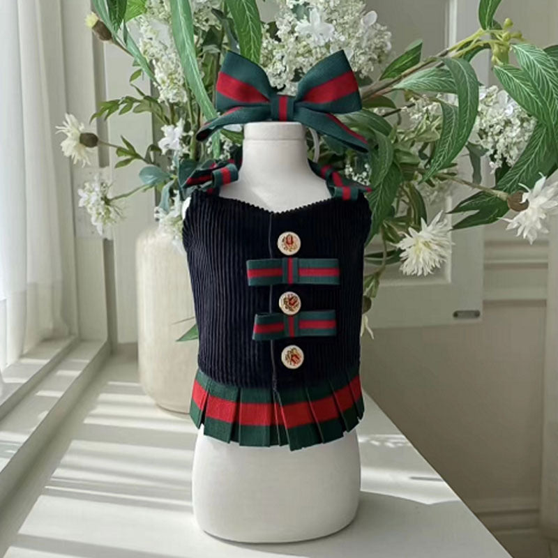 HKM-3424957 Plush Suspender Skirt for Dogs - Warm British Style in Off-White and Navy, Sizes S to XXXL