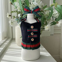 HKM-3424957 Plush Suspender Skirt for Dogs - Warm British Style in Off-White and Navy, Sizes S to XXXL