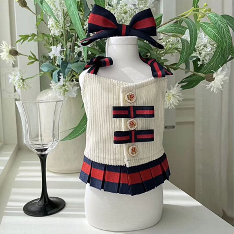HKM-3424957 Plush Suspender Skirt for Dogs - Warm British Style in Off-White and Navy, Sizes S to XXXL