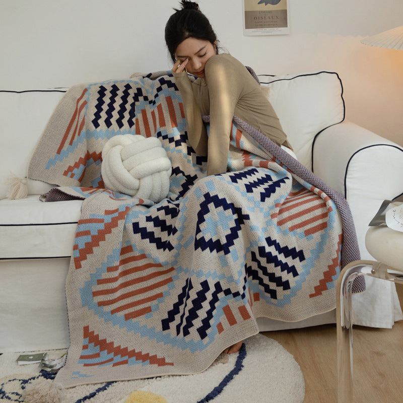 HKM-342611 Bohemian Knitted Sofa Blanket with Geometric Pattern in Acrylic Cashmere - Multiple Sizes Available