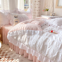 HKM-342611 Seersucker Solid Color Four-Piece Quilt Cover Set with Bed Skirt and Pillowcases